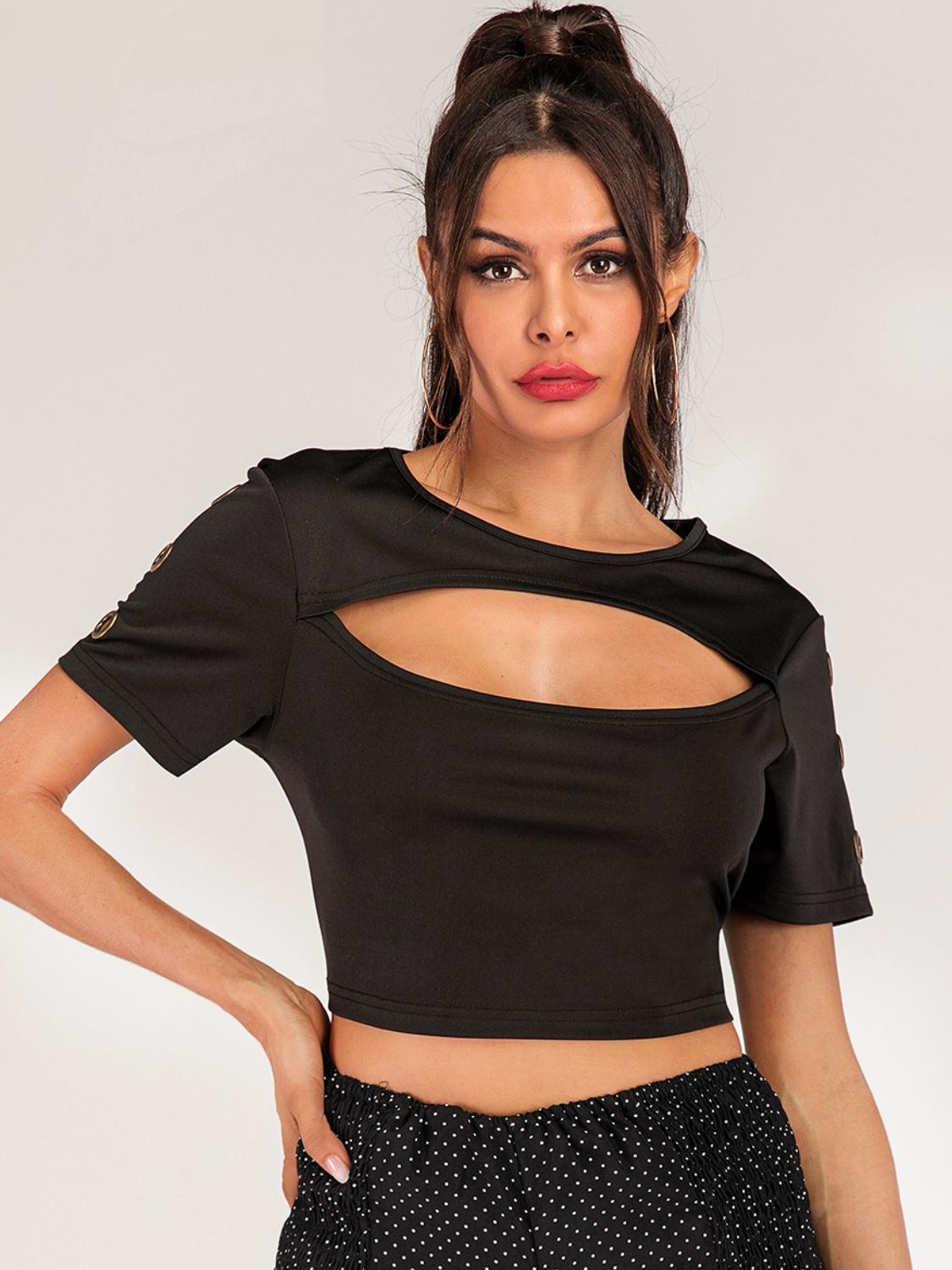 Cutout Grommet Detail Cropped Tee-Angel Casuals