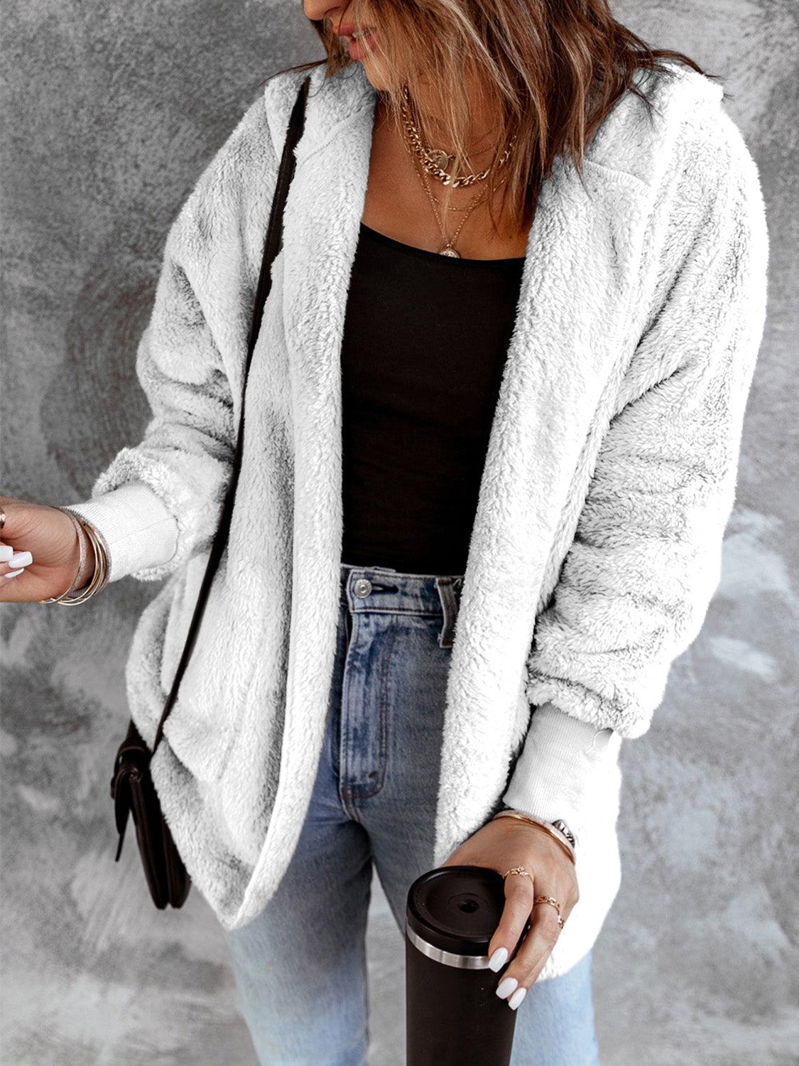 Open Front Hooded Faux Fur Outwear with Pockets-Angel Casuals