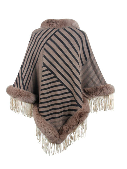 Striped Fringe Hem Poncho-Angel Casuals