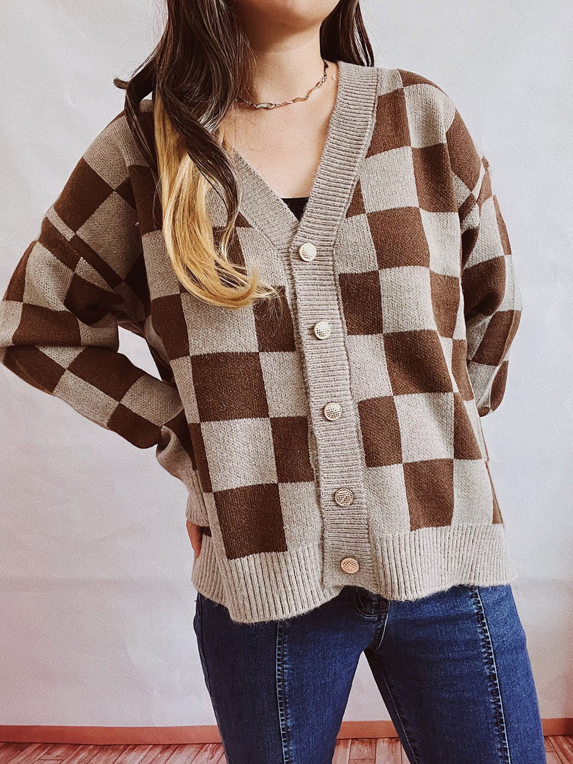 Checkered Open Front Button Up Cardigan-Angel Casuals