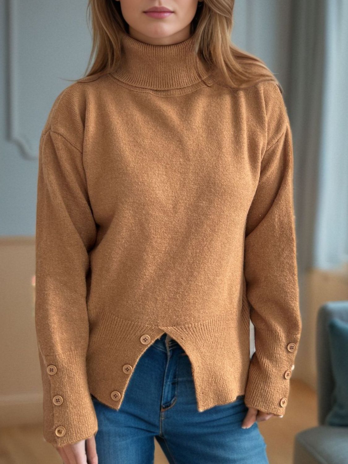 Front Slit Decorative Button Turtleneck Sweater-Angel Casuals