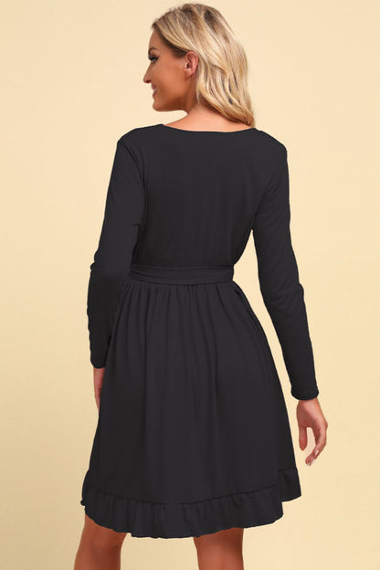 Long Sleeve Tie Waist Ruffle Hem Dress-Angel Casuals