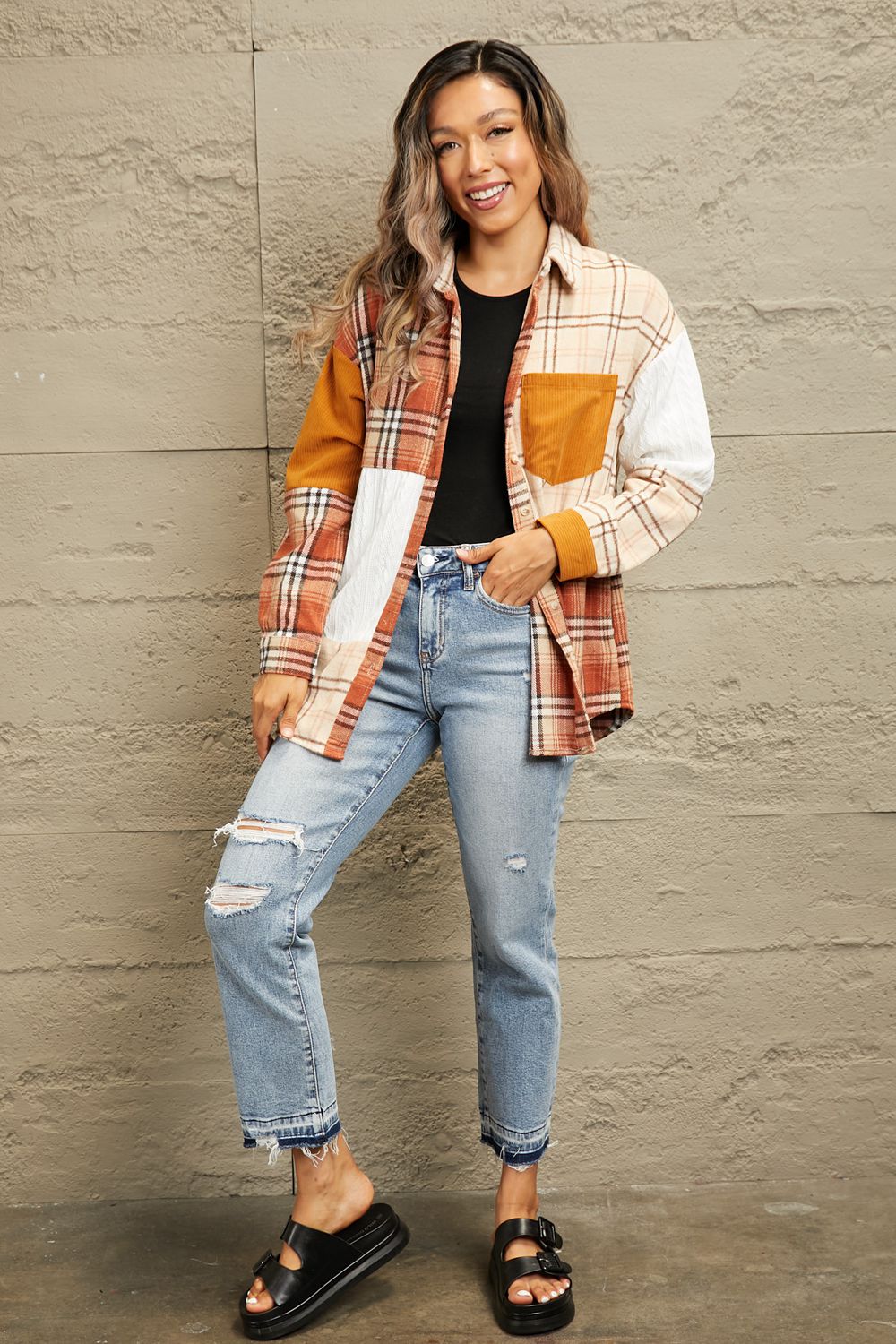 Double Take Plaid Color Block Dropped Shoulder Shacket-Angel Casuals