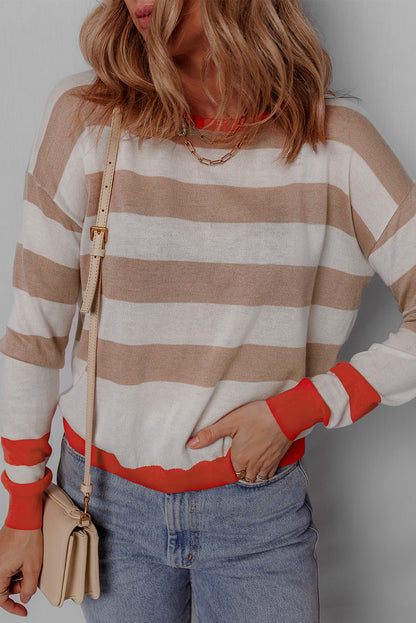 Contrast Striped Round Neck Drop Shoulder Knit Top-Angel Casuals