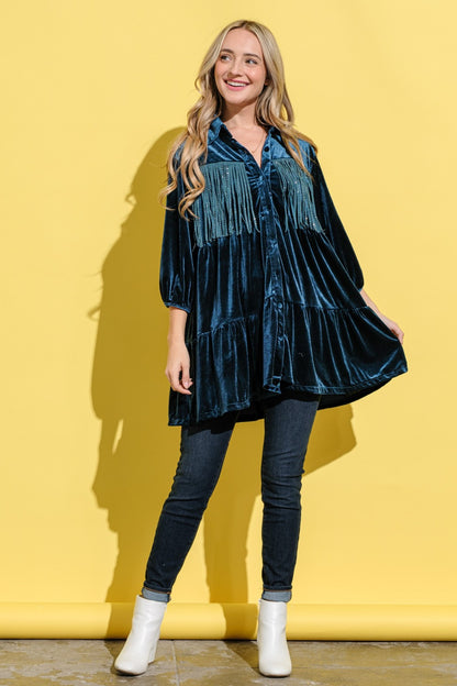 And The Why Fringe Detailed Velvet Shirt Dress-Angel Casuals