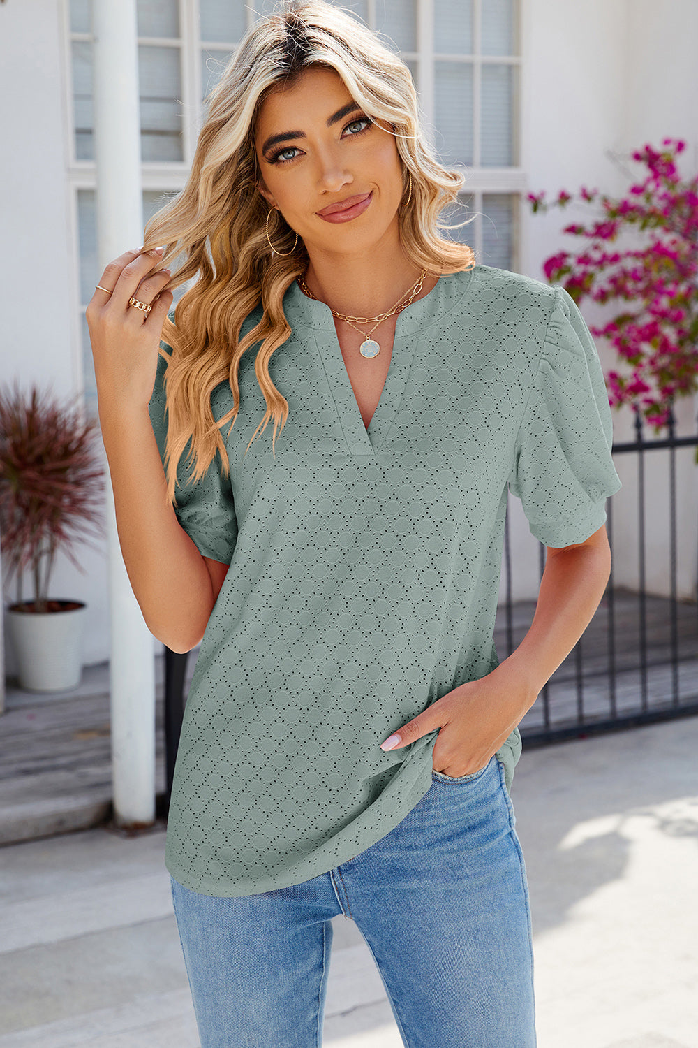 Eyelet Notched Puff Sleeve T-Shirt-Angel Casuals