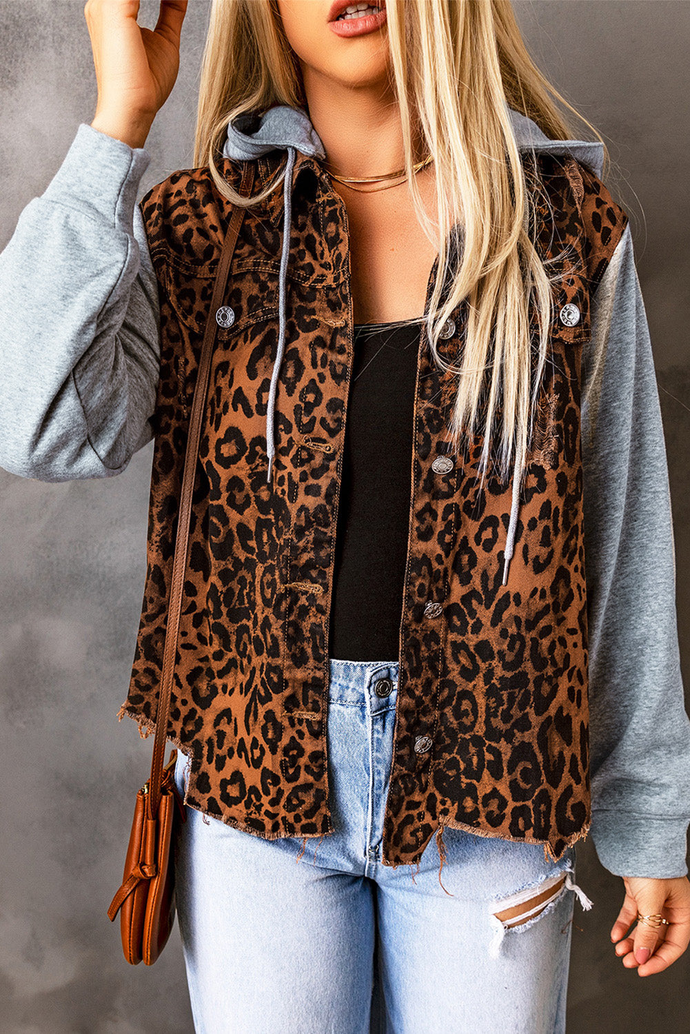 Leopard Distressed Drawstring Hooded Denim Jacket-Angel Casuals