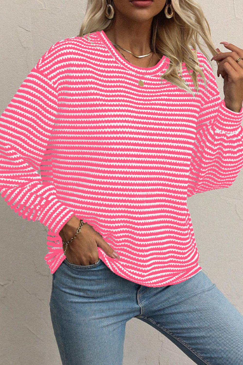 Striped Round Neck Long Sleeve Top-Angel Casuals