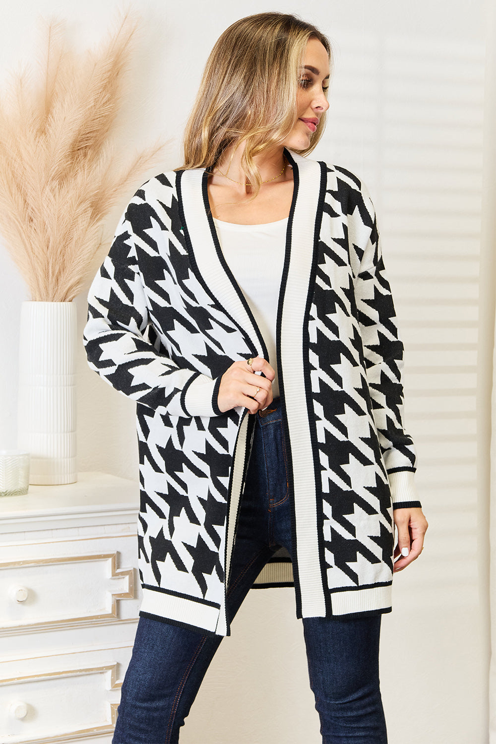 Woven Right Houndstooth Open Front Longline Cardigan-Angel Casuals