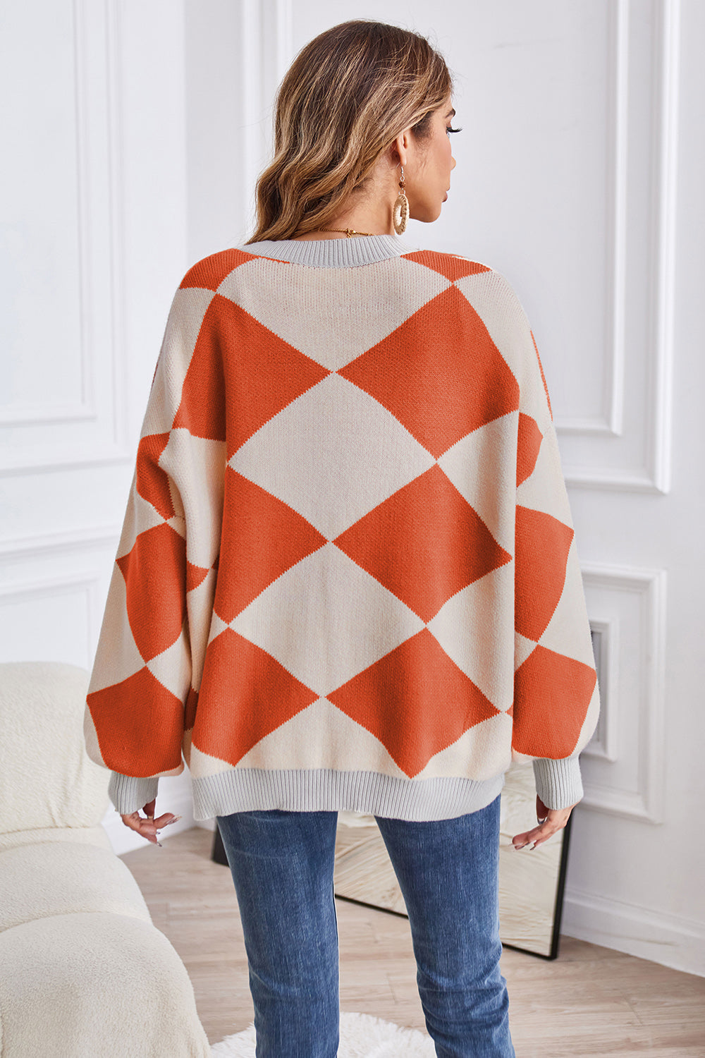 Geometric Lantern Sleeve Cardigan with Pockets-Angel Casuals