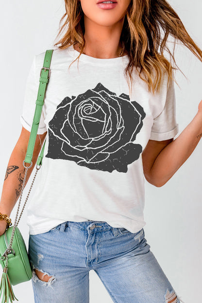 Rose Graphic Round Neck Short Sleeve T-Shirt-Angel Casuals