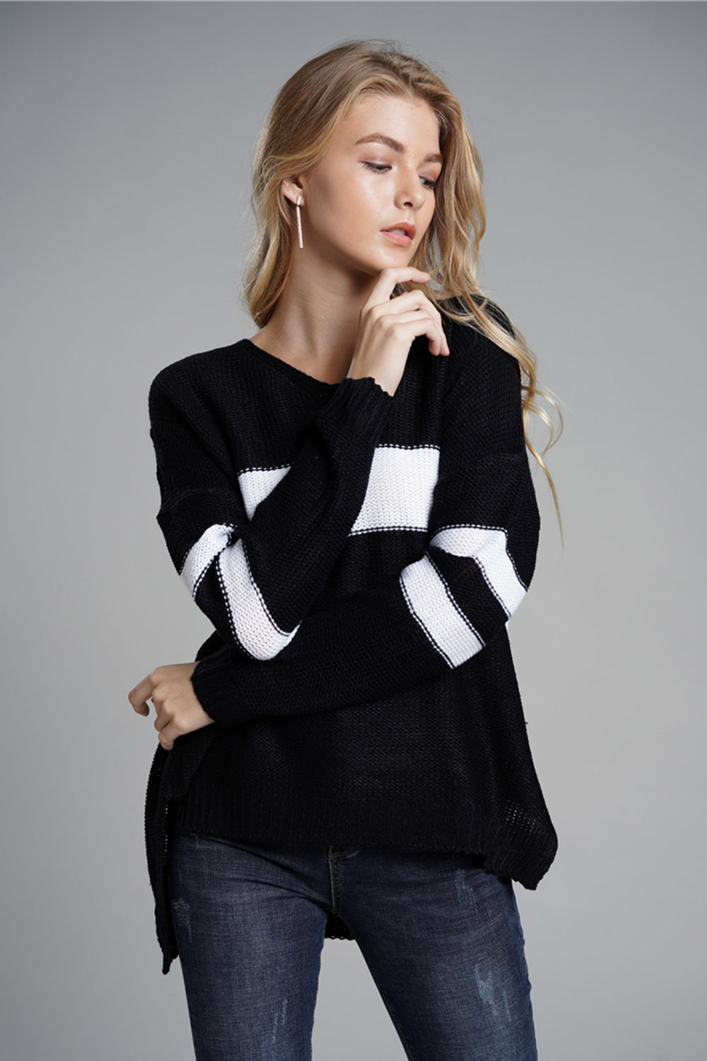 Slit Contrast V-Neck Long Sleeve Sweater-Angel Casuals