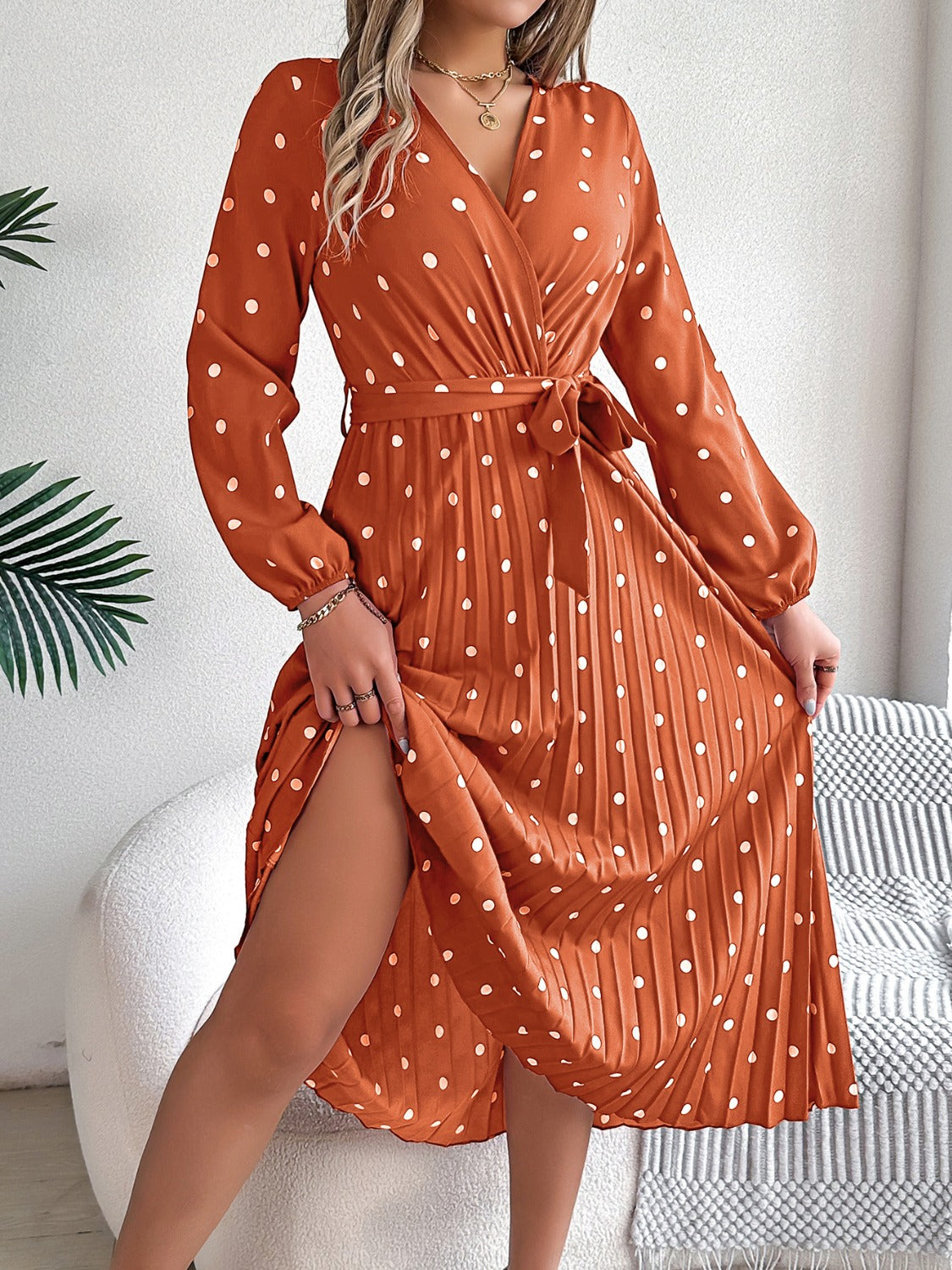 Tied Polka Dot Long Sleeve Midi Dress-Angel Casuals