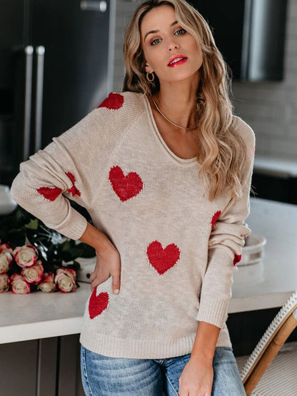 Heart Scoop Neck Long Sleeve Sweater-Angel Casuals