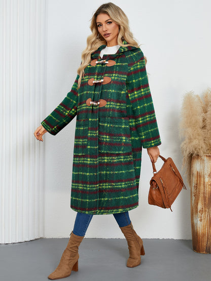 Plaid Long Sleeve Hooded Coat with Pockets-Angel Casuals