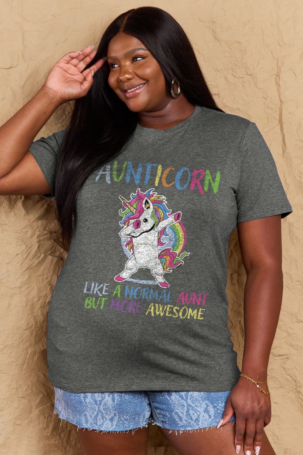 Simply Love Full Size AUNTICORN LIKE A NORMAL AUNT BUT MORE AWESOME Graphic Cotton Tee-Angel Casuals