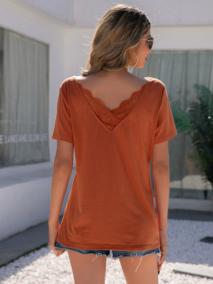 Lace Detail V-Neck Short Sleeve T-Shirt-Angel Casuals