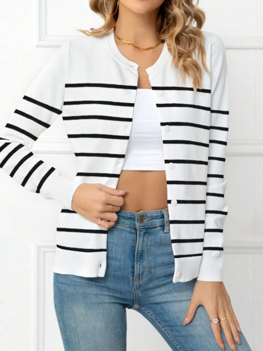 Striped Round Neck Button Up Cardigan-Angel Casuals