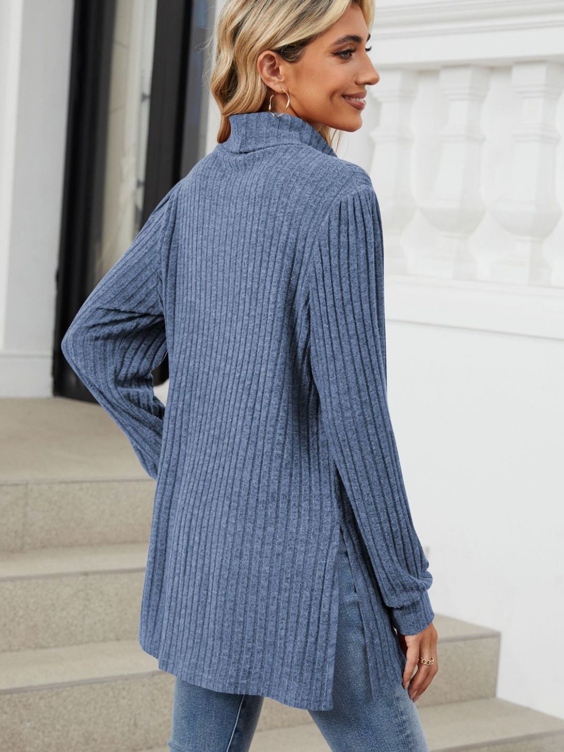 Slit Mock Neck Long Sleeve T-Shirt-Angel Casuals