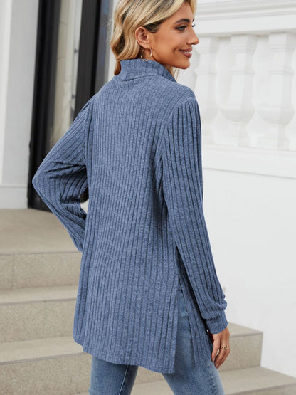 Slit Mock Neck Long Sleeve T-Shirt-Angel Casuals