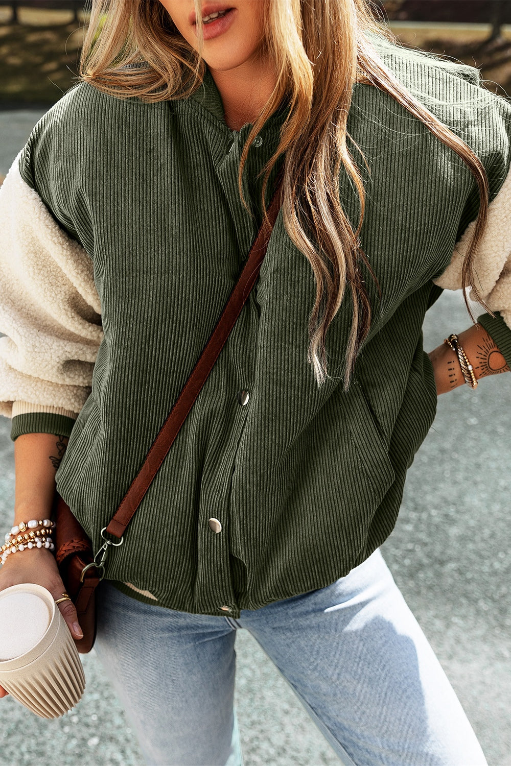 Contrast Baseball Collar Snap Down Long Sleeve Jacket-Angel Casuals