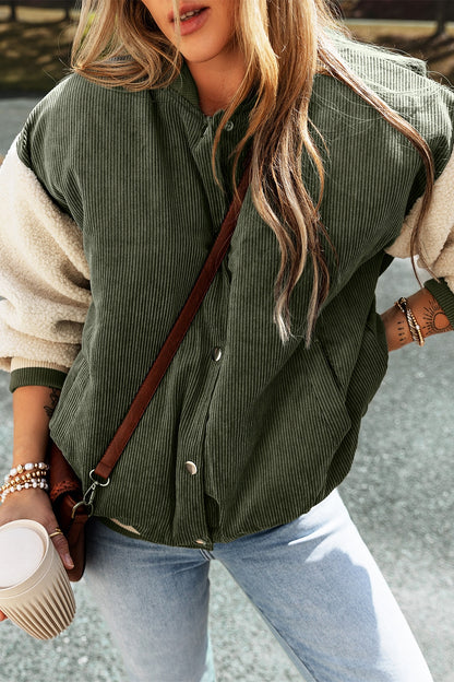 Contrast Baseball Collar Snap Down Long Sleeve Jacket-Angel Casuals