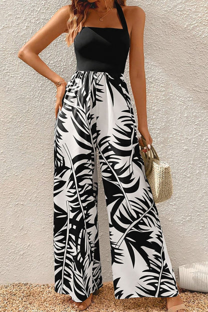 Printed Halter Wide Leg Jumpsuit-Angel Casuals