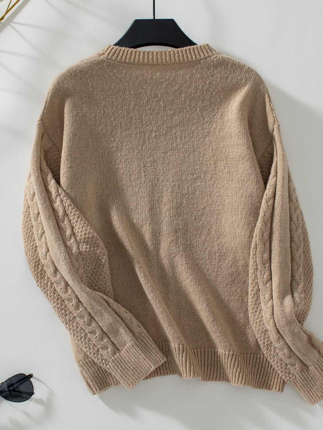 Openwork Cable-Knit Round Neck Long Sleeve Sweater-Angel Casuals