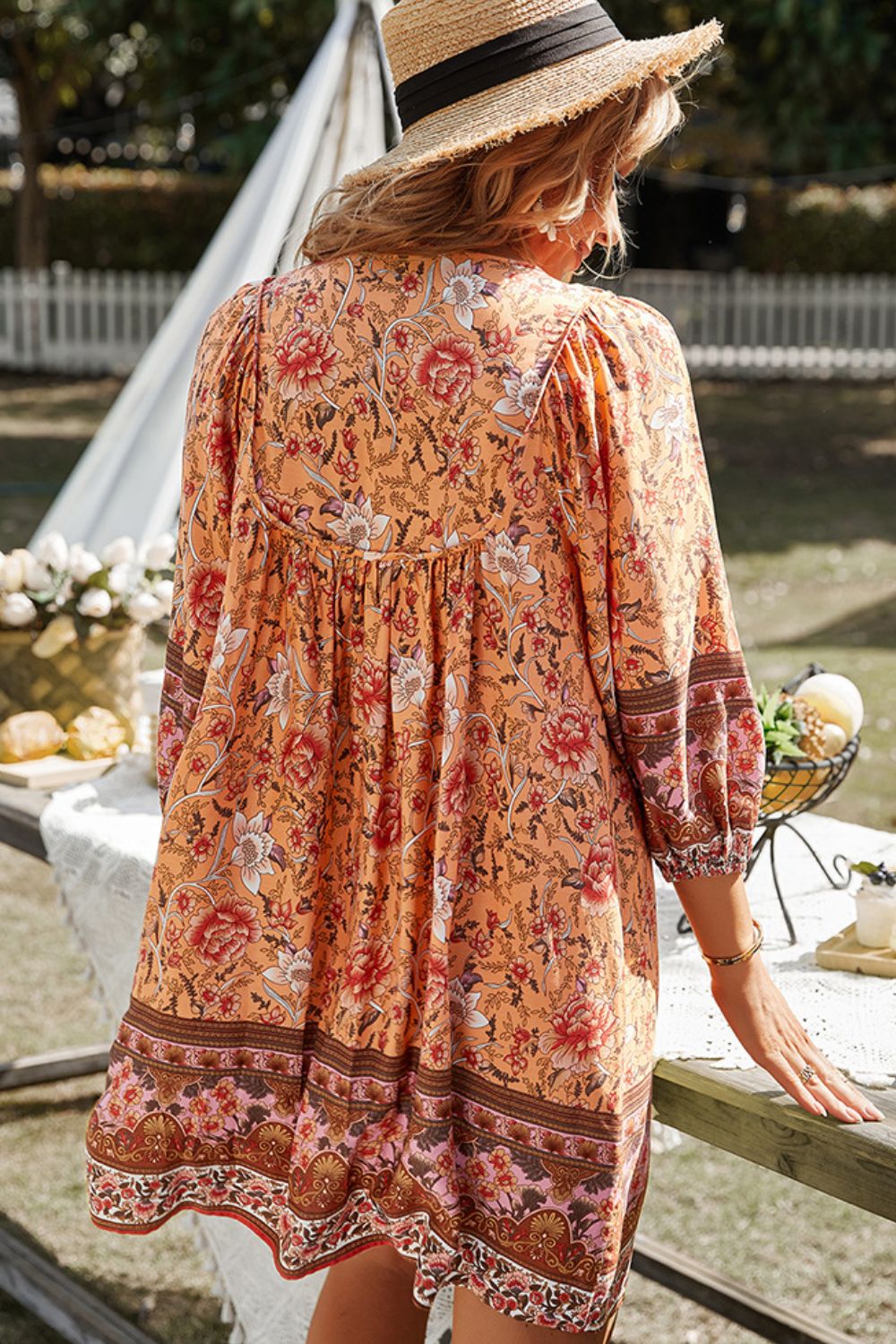 Bohemian Tie Neck Balloon Sleeve Dress-Angel Casuals