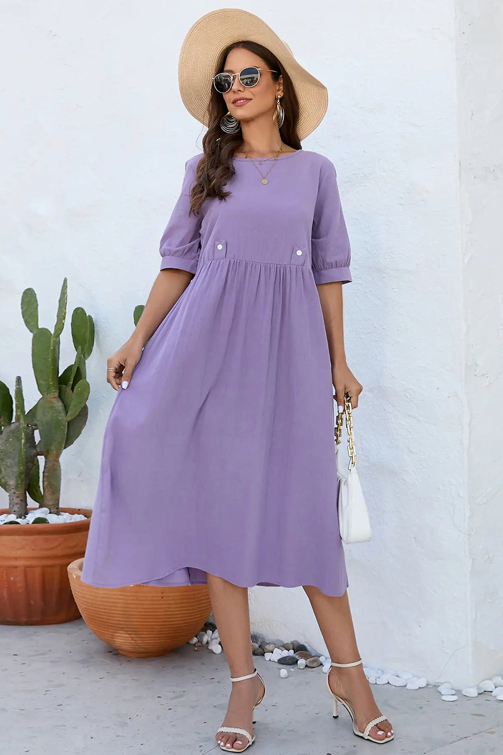 Decorative Button Round Neck Half Sleeve Dress-Angel Casuals