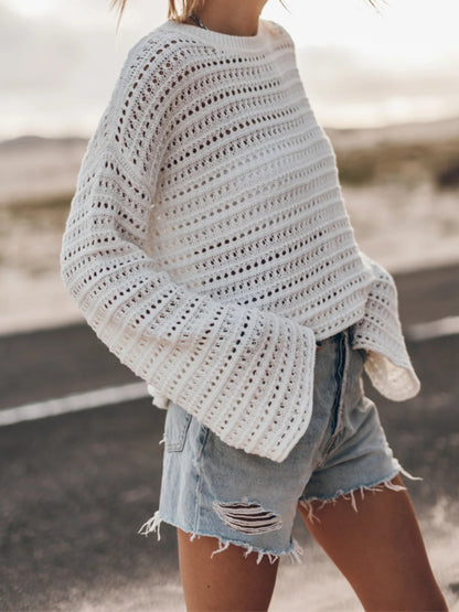 Openwork Round Neck Dropped Shoulder Knit Top-Angel Casuals