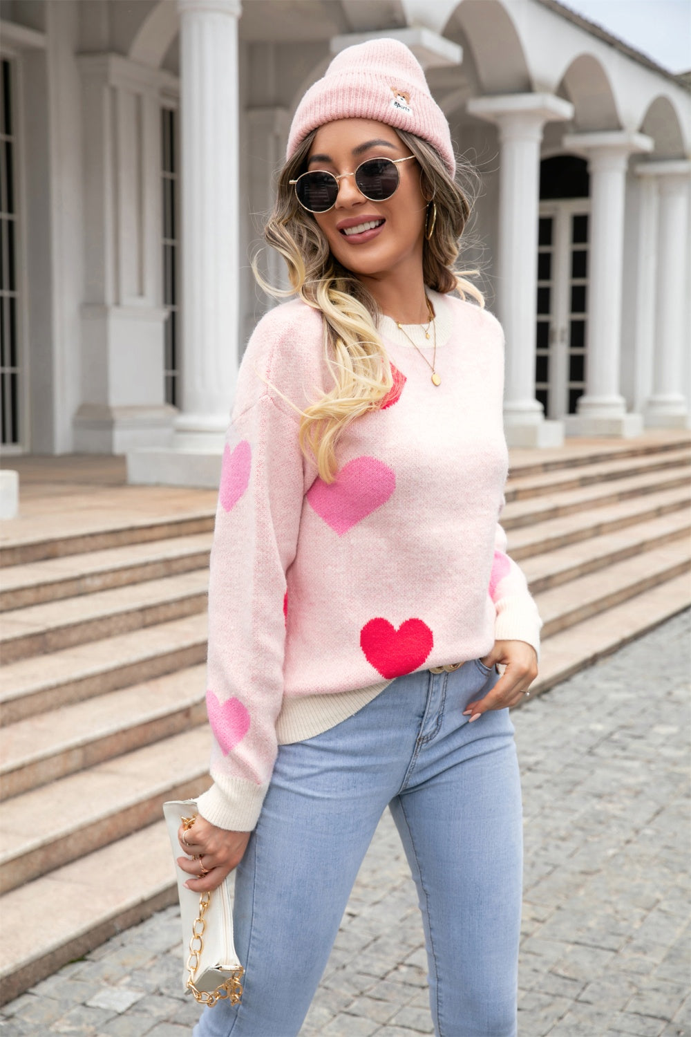 Angel Wings Heart Round Neck Droppped Shoulder Sweater-Angel Casuals