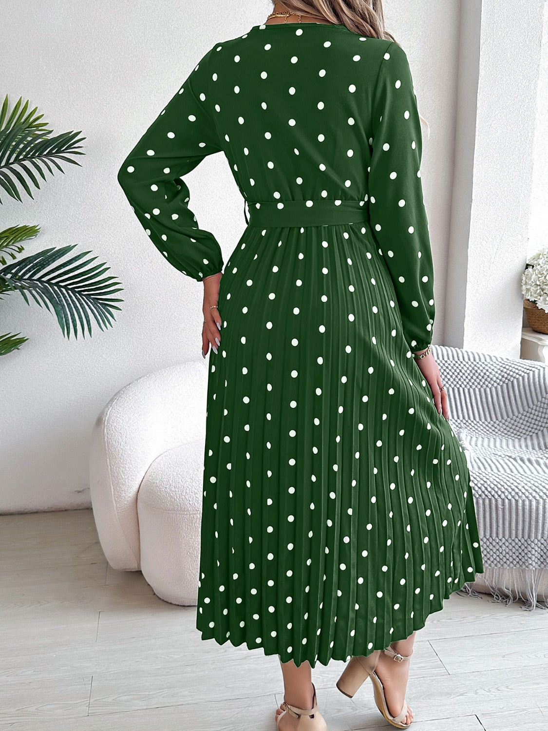 Tied Polka Dot Long Sleeve Midi Dress-Angel Casuals