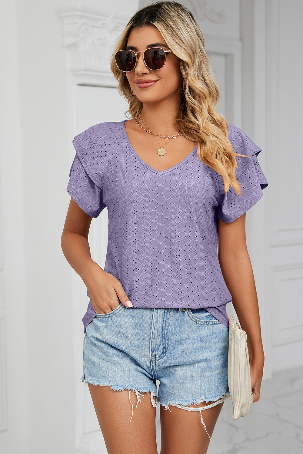 Eyelet V-Neck Short Sleeve T-Shirt-Angel Casuals