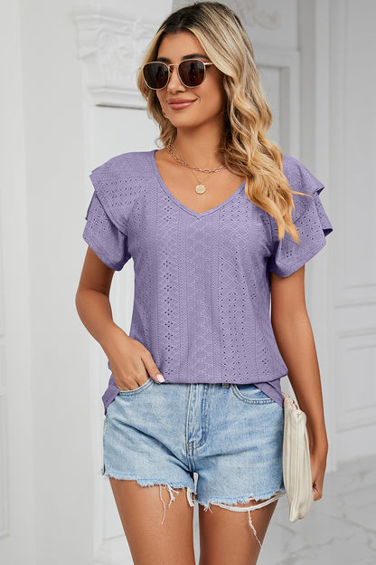 Eyelet V-Neck Short Sleeve T-Shirt-Angel Casuals