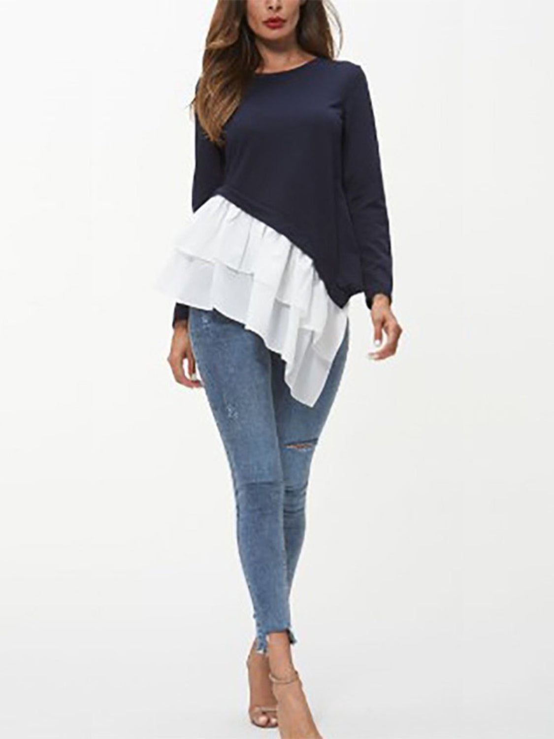 Tiered Contrast Round Neck Long Sleeve T-Shirt-Angel Casuals