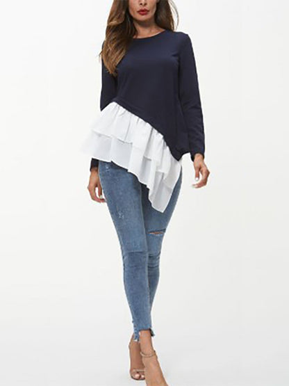 Tiered Contrast Round Neck Long Sleeve T-Shirt-Angel Casuals