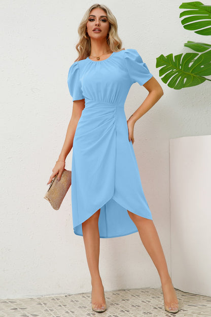 Slit Ruched Round Neck Puff Sleeve Dress-Angel Casuals