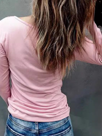 Lace Half Snap Long Sleeve T-Shirt-Angel Casuals
