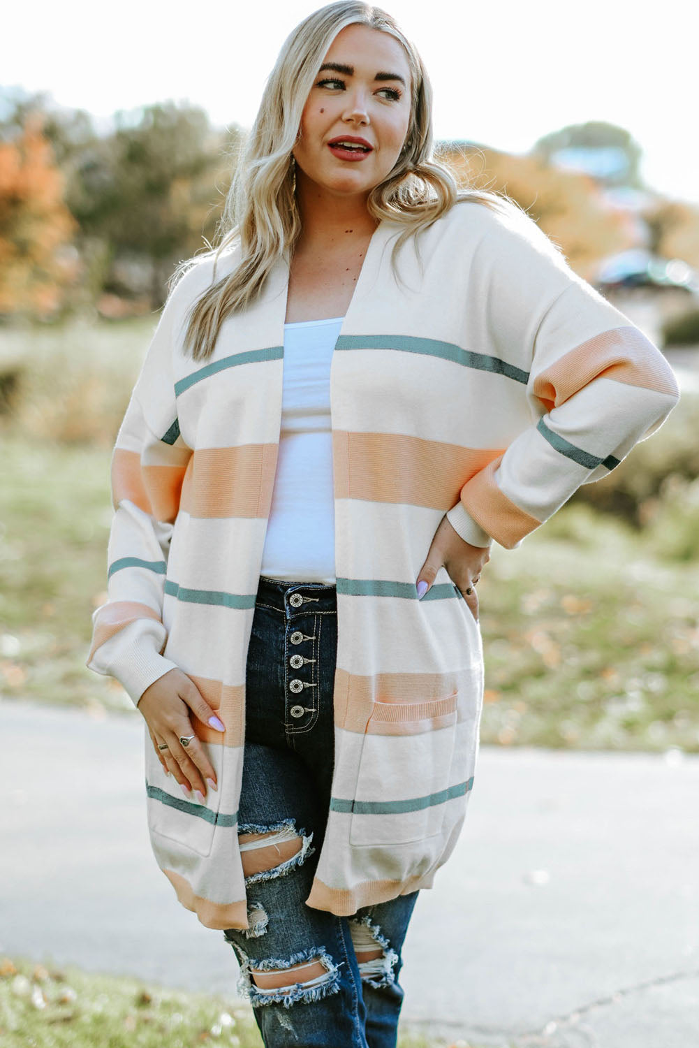 Plus Size Striped Open Front Cardigan-Angel Casuals