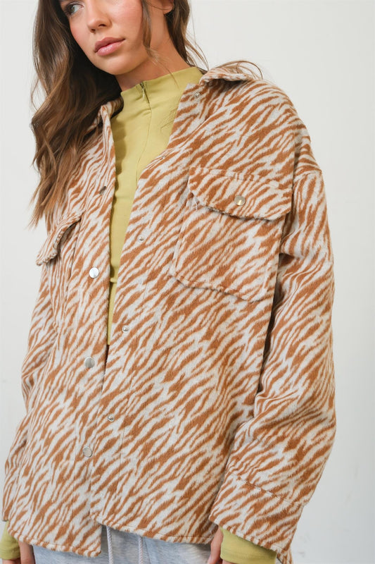 HYFVE Zebra Print Snap Down Long Sleeve Shacket-Angel Casuals