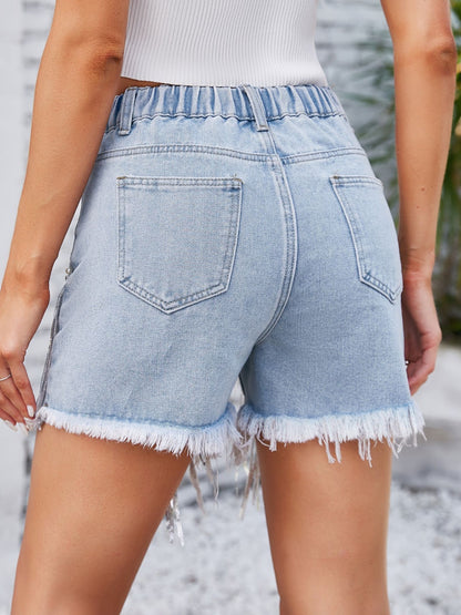 Distressed Pearl Trim Denim Shorts with Pockets-Angel Casuals