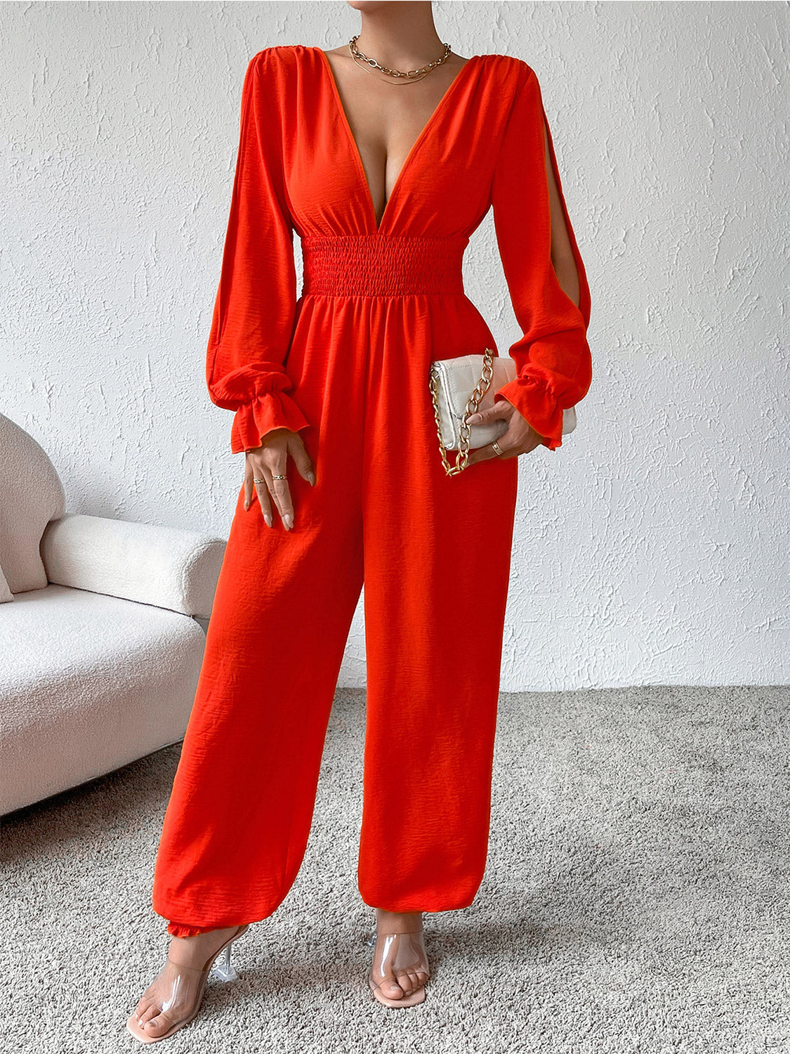 Plunge Smocked Flounce Sleeve Jumpsuit-Angel Casuals