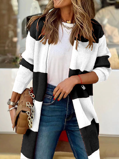 Contrast Open Front Long Sleeve Cardigan-Angel Casuals