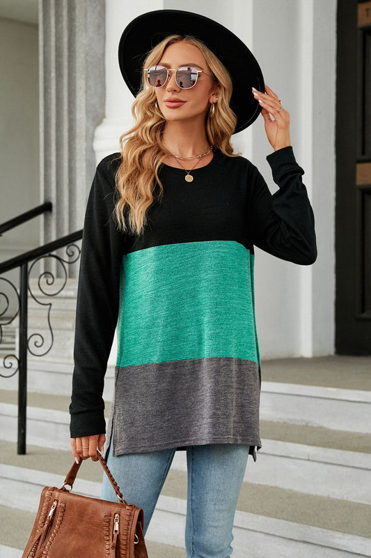 Color Block Round Neck Long Sleeve Slit T-Shirt-Angel Casuals