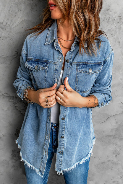 Button Up Pocketed Raw Hem Denim Jacket-Angel Casuals