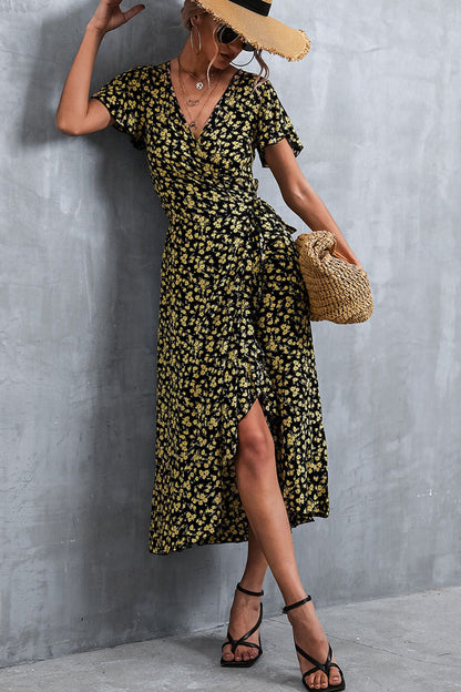 Floral Surplice Neck Tied Midi Dress-Angel Casuals