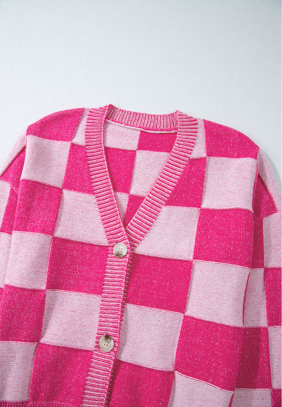 Checkered V-Neck Long Sleeve Cardigan-Angel Casuals