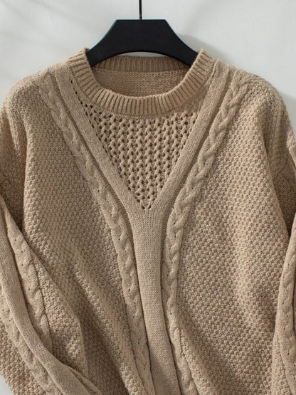 Openwork Cable-Knit Round Neck Long Sleeve Sweater-Angel Casuals