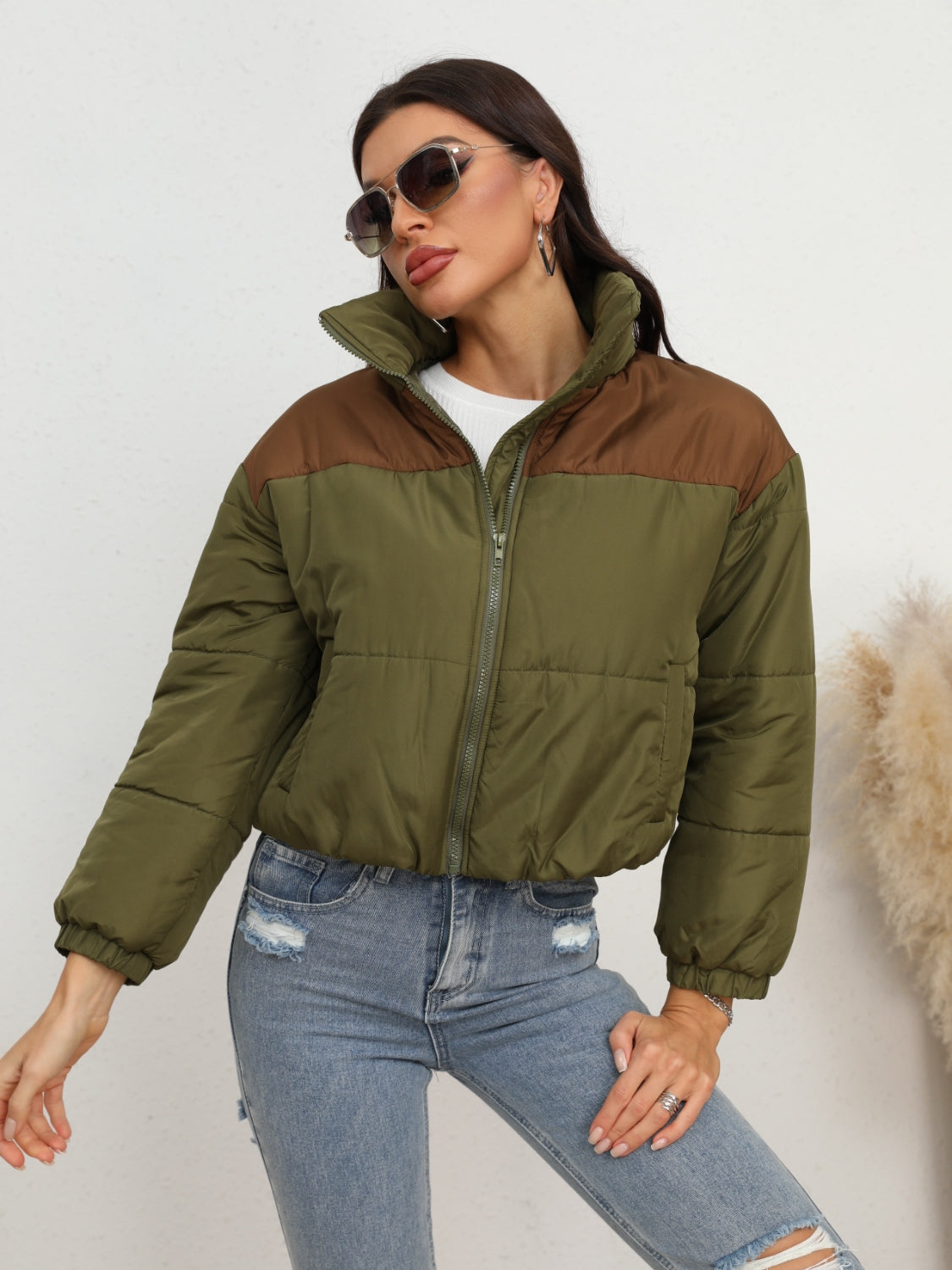 Two-Tone Zip-Up Puffer Jacket-Angel Casuals